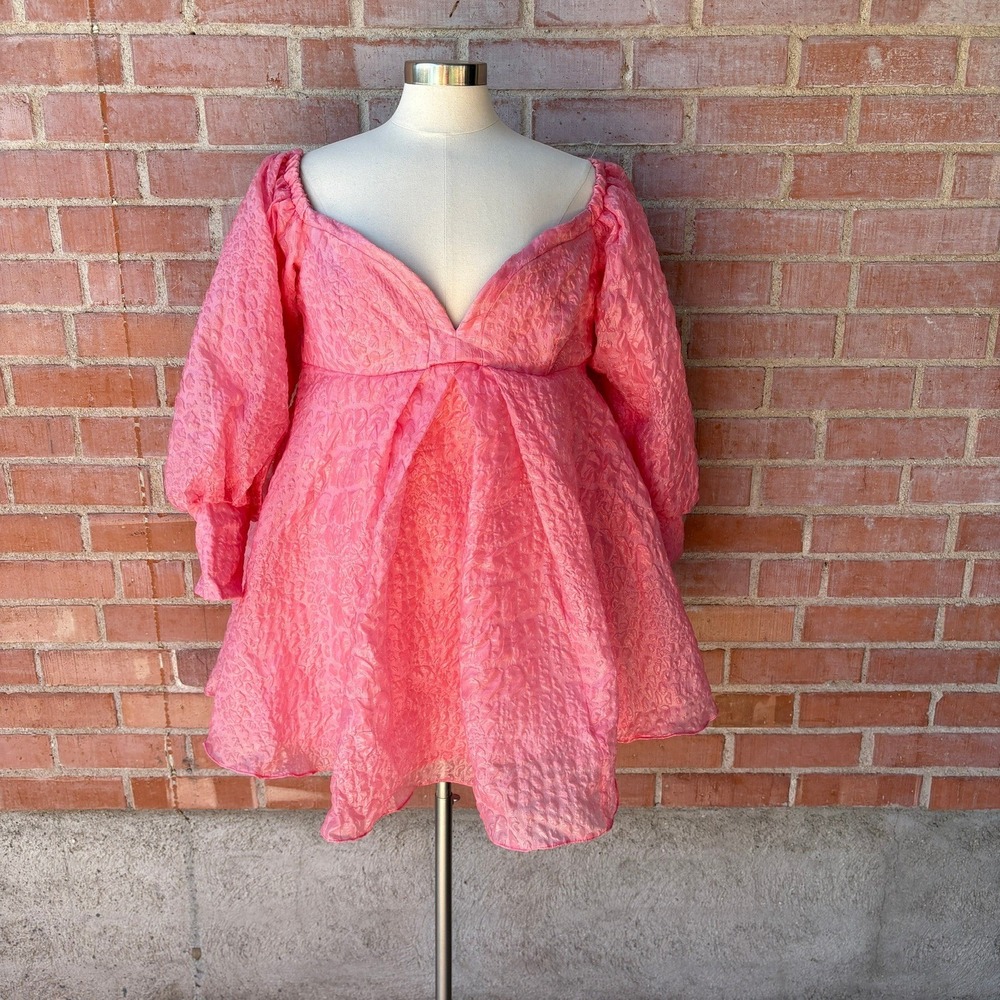 ASOS EDITION Organza Puff Sleeve Mini Dress Women's 14 Pink Jacquard Plunge Neck